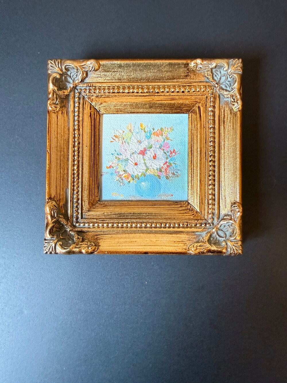 Miniature Floral Painting in Ornate Gold Frame Small Textured Bouquet 4 x 4"